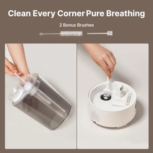 Fine mist plume rising from the nozzle in a dim bedroom