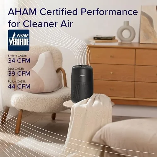 Purifier on a nightstand beside a bed in a dim room