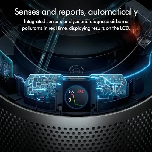 The HP07 LCD showing live air quality readings in a bedroom