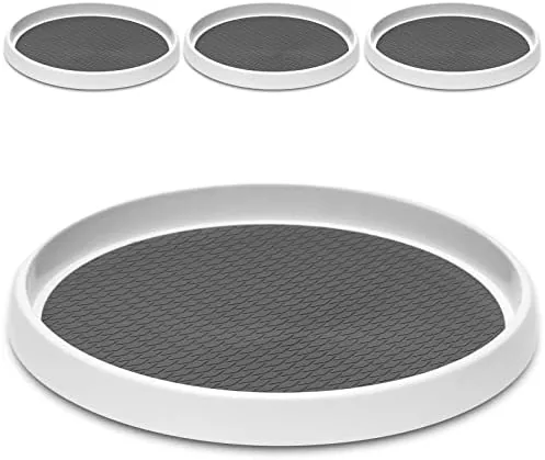 Four 12-inch non-skid lazy susan turntables stacked and ready to use