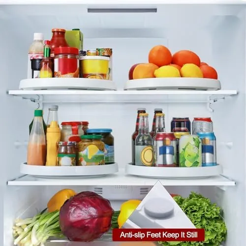 Four turntables deployed across a pantry, fridge, vanity, and countertop
