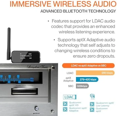 Detail shot of the Blume Pro HiFi Bluetooth 5.3 Music Receiver Long Range Bluetooth features