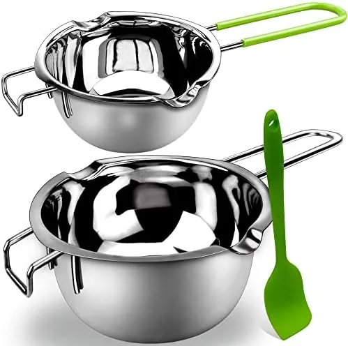 18/8 steel double boiler set with both pots nested on a counter
