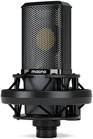 The MAONO PM500 condenser microphone mounted on a boom arm