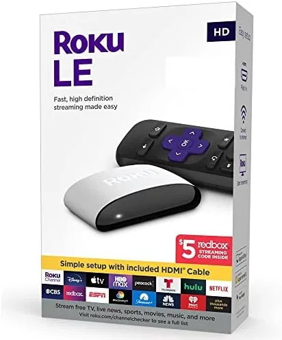 Roku LE HD streaming player held in a hand beside the remote