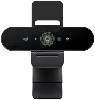 The Logitech Brio webcam mounted on a monitor in a studio