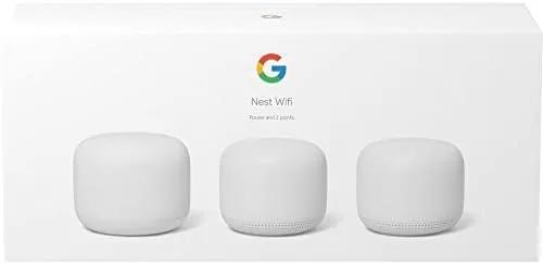 An access point placed on a counter in a kitchen with the Nest speaker fabric visible