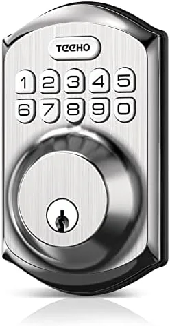 TEEHO TE001 keypad deadbolt in satin nickel on a front door