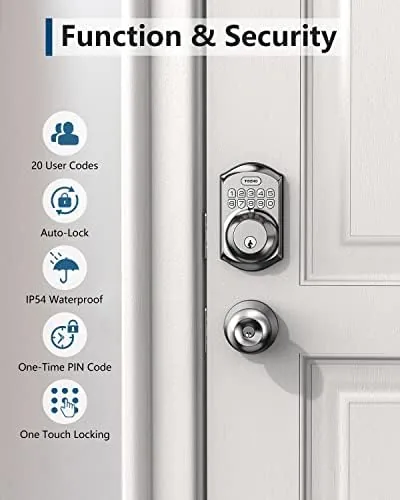 TE001 satin nickel deadbolt next to a smart lock