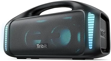 The Tribit StormBox Blast standing upright with its handle raised