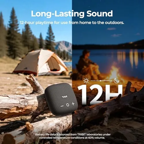 The Tribit StormBox Micro 2 sitting by the campfire at a campsite