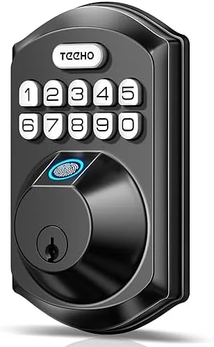 TEEHO TE002 fingerprint deadbolt in matte black mounted on a front door