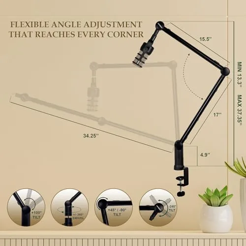 The Microphone Boom Arm with Desk Mount, 360° Rotatable, Adjustable and compared in context
