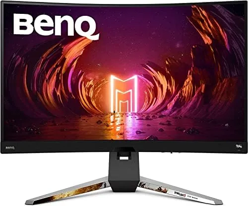 The BenQ Mobiuz EX3210R curved monitor on a desk