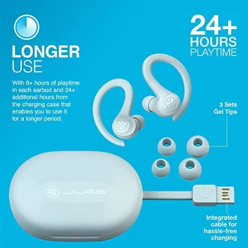 Another view of the JLab Go Air Sport True Wireless Earbuds, Light Blue, Featuring