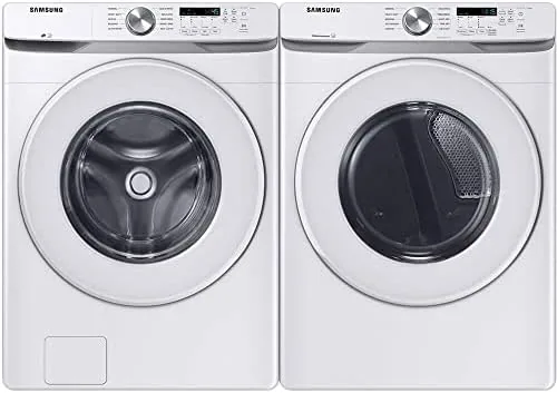 White Samsung front load washer and dryer pair in a laundry room