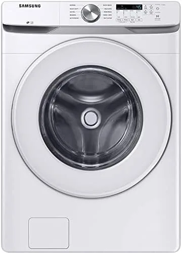 Open washer door showing the stainless steel drum on the Samsung WF45T6000WPR