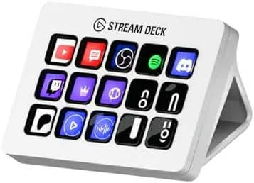 The white Elgato Stream Deck MK.2 on a desk