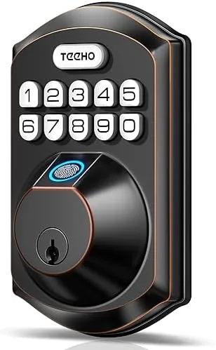 The bronze TEEHO TE002 fingerprint deadbolt on a front door