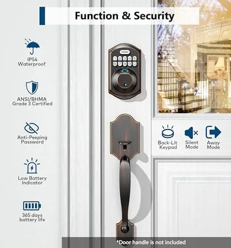 The TE002 deadbolt on the door in a rain shower