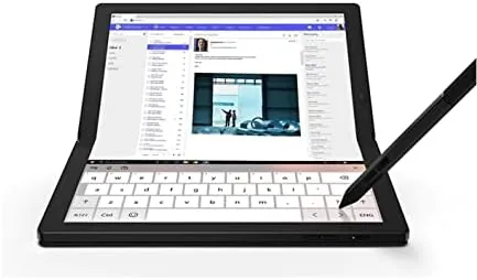The ThinkPad X1 Fold unfolded and standing with its kickstand