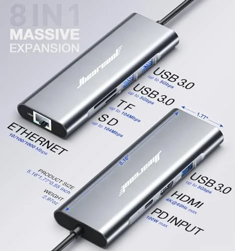 Another view of the Hiearcool USB C Hub, USB C Dock with Ethernet, 4K@60