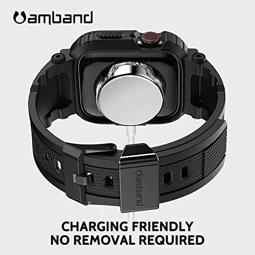 A hand holding the amBand M1 case with the Apple Watch visible inside