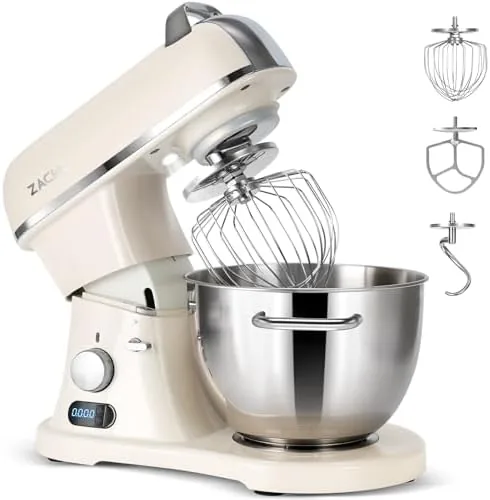 The 8.4QT commercial stand mixer on a kitchen counter with the stainless steel bowl fitted