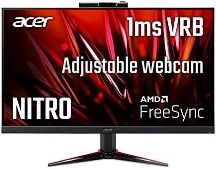 The Acer Nitro VG240Y monitor on a desk with its adjustable webcam raised