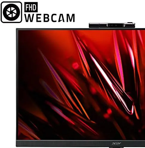 The monitor running a video call with the built-in webcam framing the presenter