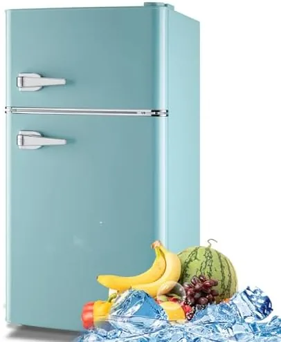 Blue retro mini fridge standing in a home office corner