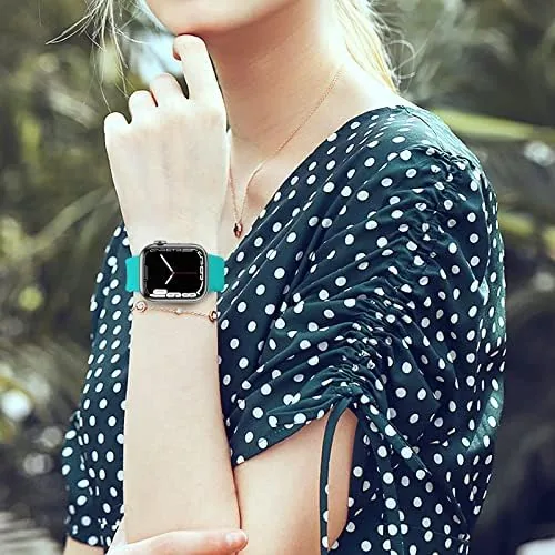 The six color bands fanned out next to an Apple Watch