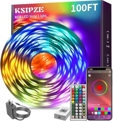 KSIPZE 100ft LED strip box and the coiled strip on a table