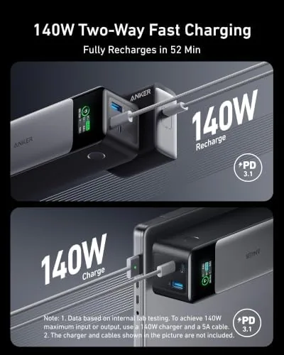 The Anker 737 power bank with its USB-C and USB-A ports at the end