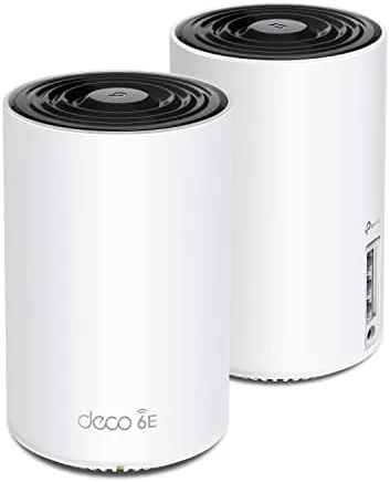 Two TP-Link Deco XE75 units placed in a living room