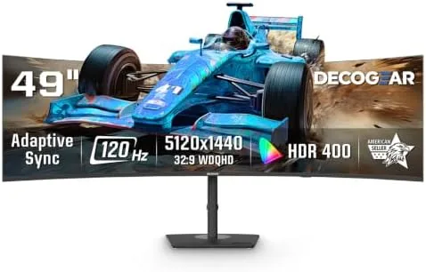 Deco Gear 49 inch curved ultrawide monitor on a desk in a home office