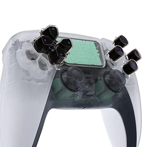 eXtremeRate three-tone custom buttons laid out next to a PS5 controller