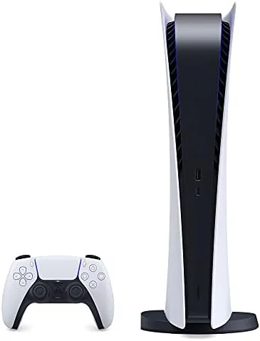 PlayStation 5 disc version console standing next to a television