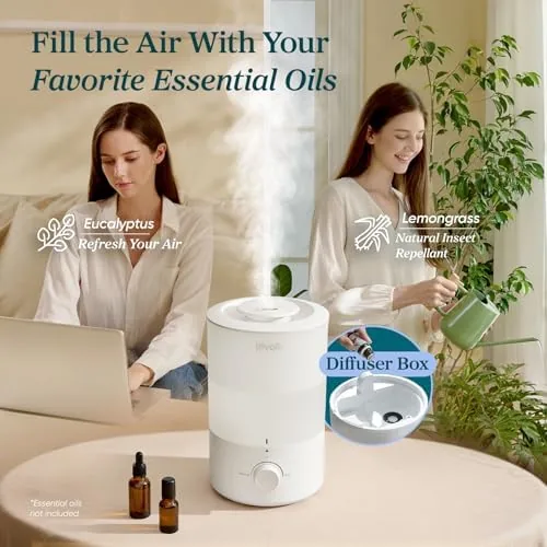 Levoit humidifier running quietly beside a crib in a nursery