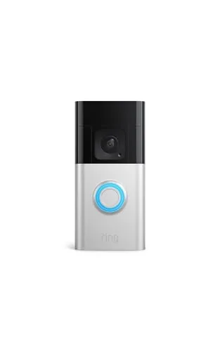 Doorbell view showing a full visitor from head to feet with a package on the mat