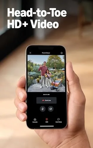 Live view feed from the Ring app showing a courier delivering a package