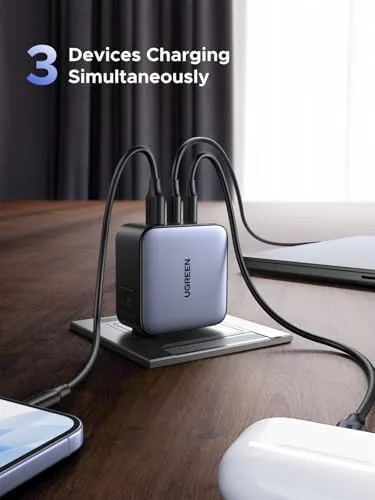 Detail shot of the UGREEN 65W USB C Travel Adapter, Foladable Fast GaN Charger features