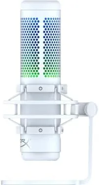 Streamer speaking into the QuadCast S with the pop filter grille visible