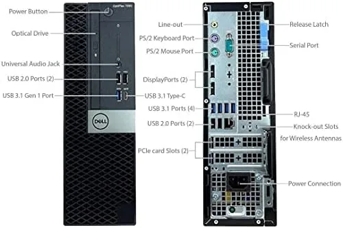 The OptiPlex 7060 SFF next to a larger mid-tower desktop for size comparison