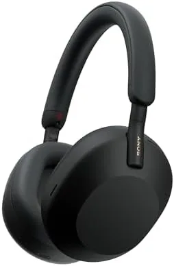 Front three-quarter view of the Sony WH-1000XM5 wireless headphones in black