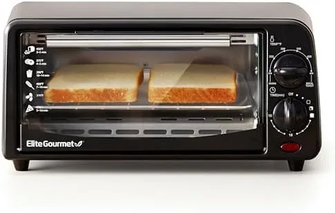 The Elite Gourmet ETO236 compact toaster oven on a small kitchen counter
