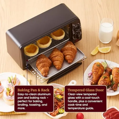 A frozen personal pizza baking inside the ETO236 toaster oven