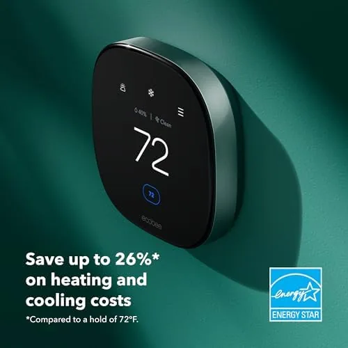 Close-up of the ecobee Smart Thermostat Premium touchscreen showing the home screen