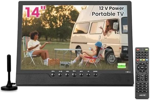 The othoig 14-inch portable TV set up on a table at a campsite