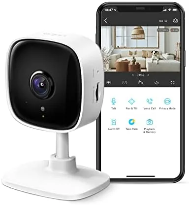 Tapo C110 2K indoor security camera mounted on a shelf